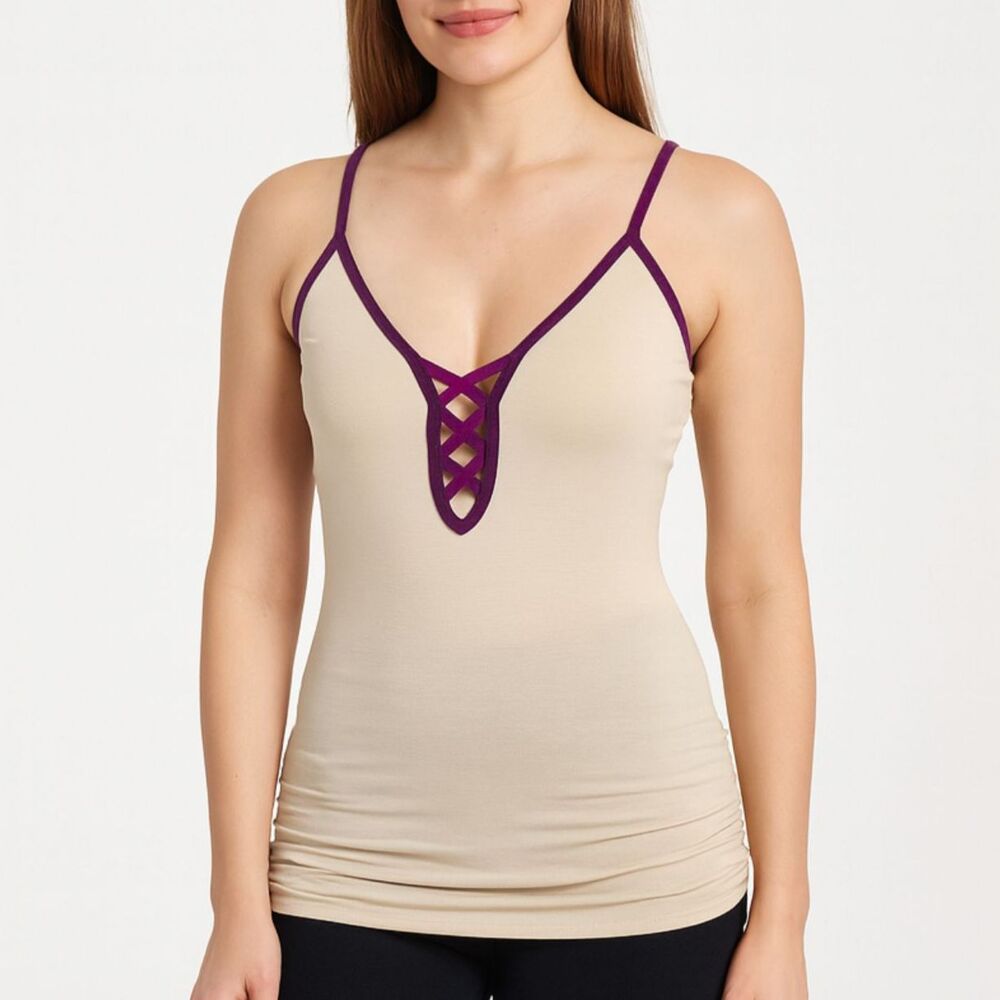 NWT Free People Intimately Lattice V-Neck Tank in Cream Fuchsia Trim XS/S